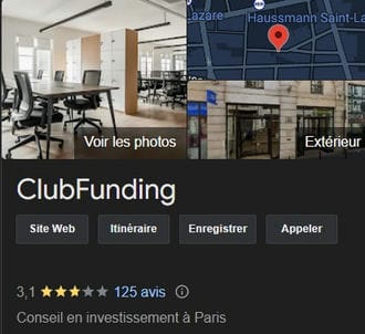Avis Clubfunding sur Google en mai 2024