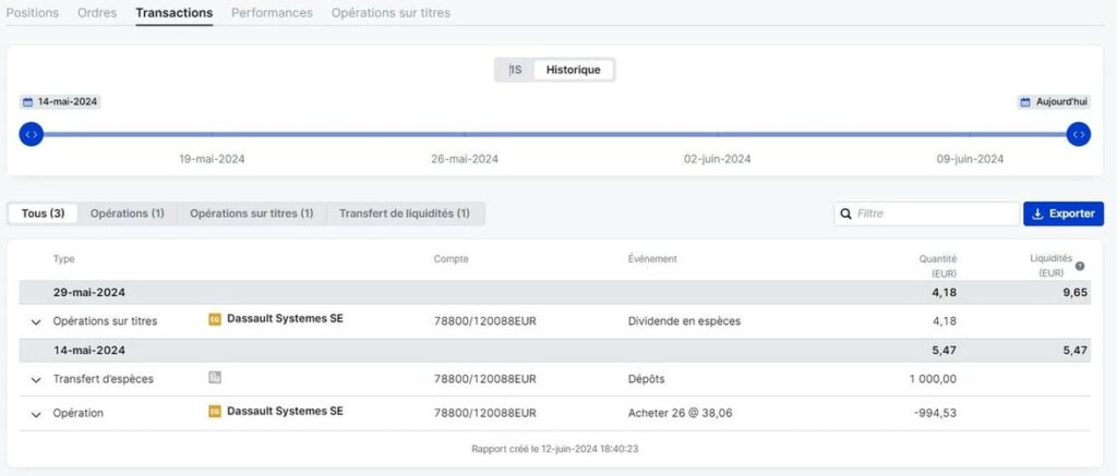 Vue des transactions du portefeuille sur Saxo Banque