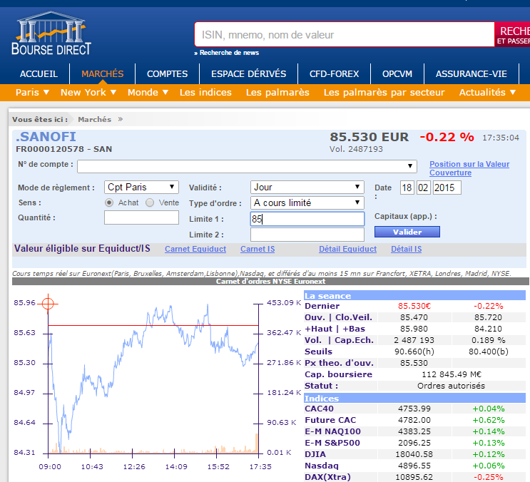 L'interface de Bourse DIrect