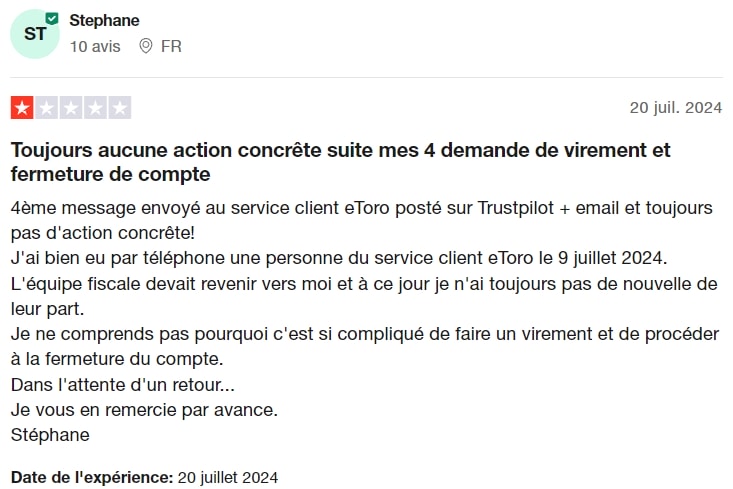 Exemple de soucis de service client chez eToro