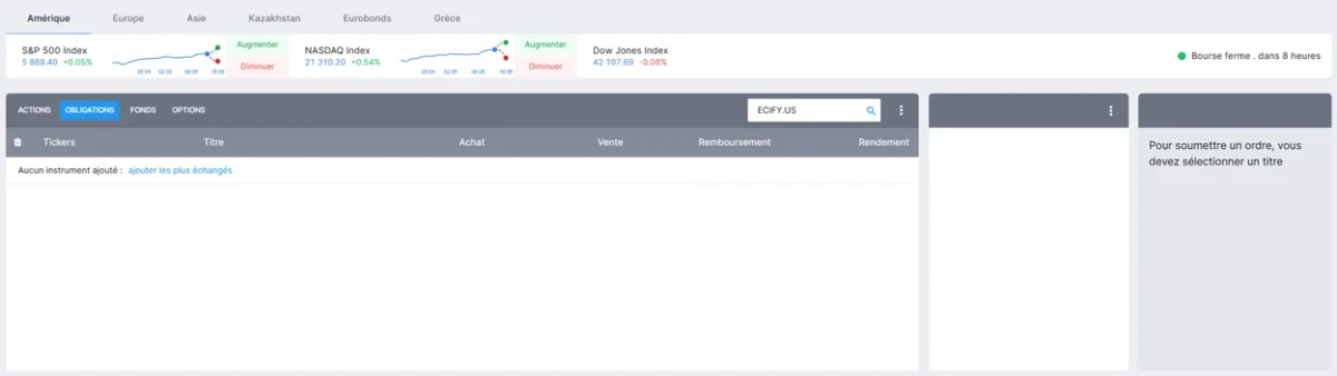 Interface d'achat ou vente d'actif sur Freedom24